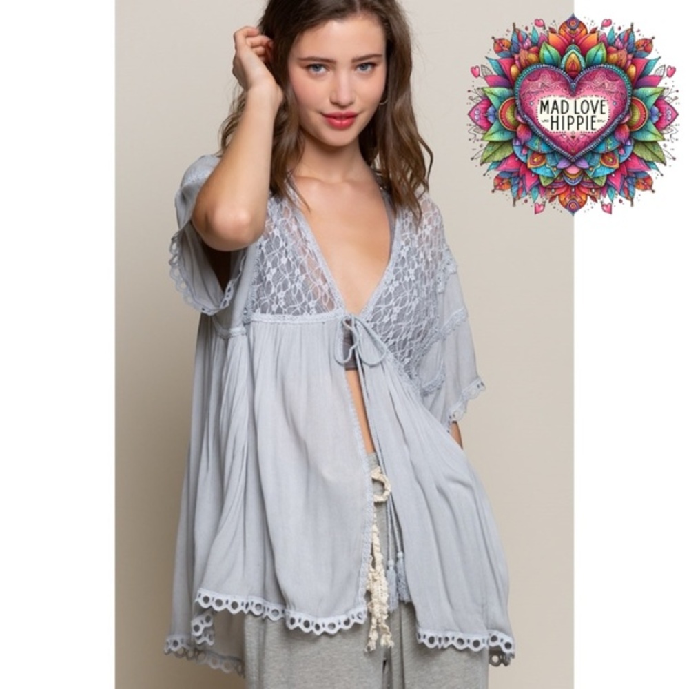 POL Light Grey Tassel Tie Rayon Gauze + Lace Kimono Cardigan